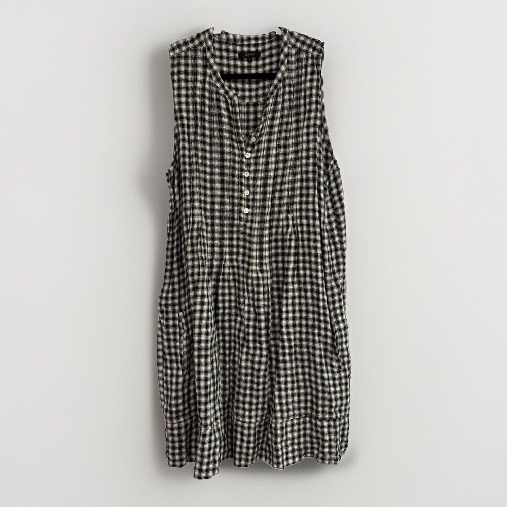 Quince Dress Womens Size Large Linen Sleeveless Swing Dress Black Gingham